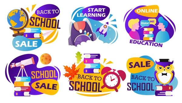 Collection of colorful stickers for back to school. Modern children`s vector illustration. — Stock Vector