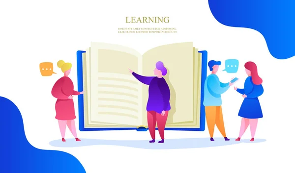 Group of people read a book and communicate. Online education and training. Web banner template. Vector illustration. — Stock Vector