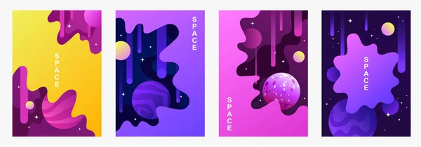 Set of abstract templates for banner, cover, poster, frame, presentation, brochure. Gradient, liquid design. Vector cartoon illustration. Space. Violet background. Planets and universe. EPS 10. — Stock Vector