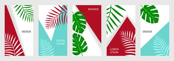 Conjunto de plantillas para pancartas, volantes, tarjetas, carteles, fondos. Diseño con formas geométricas y hojas tropicales . — Vector de stock