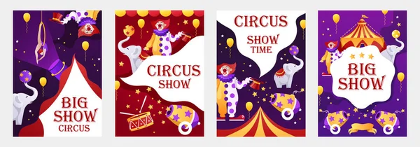 Conjunto de modelos de desenhos animados vetoriais para folhetos de circo, banners, cartazes, capas. Ilustração infantil. Fundos publicitários coloridos. Show de Promoção . — Vetor de Stock