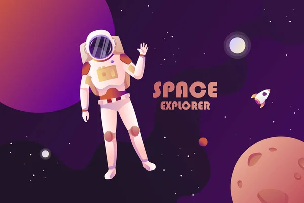 Astronaut im All winkt mit der Hand. Planeten und das Universum. Vektor Karikatur bunte Illustration. Hintergrund — Stockvektor