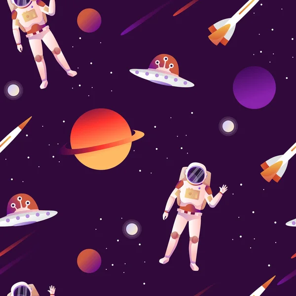 Space design sömlös bakgrund. Astronaut utforskar universum. Planeter, raketer och asteroider. Tecknad vektor illustration. — Stock vektor