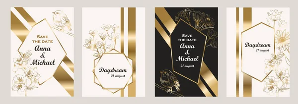 結婚式のカードのテンプレートのセット。黄金の花やリボン。ロマンチックなデザイン。ベクターイラスト. — ストックベクタ