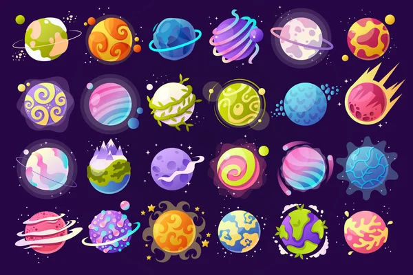 Vector set of cartoon planets. Colorful set of isolated objects. Space background. Fantasy planets. Colorful universe. Game design. EPS 10 — Stock Vector