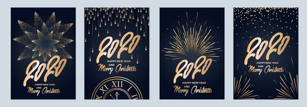 Ano novo de 2020. Fogos de artifício, guirlandas douradas, partículas cintilantes . — Vetor de Stock
