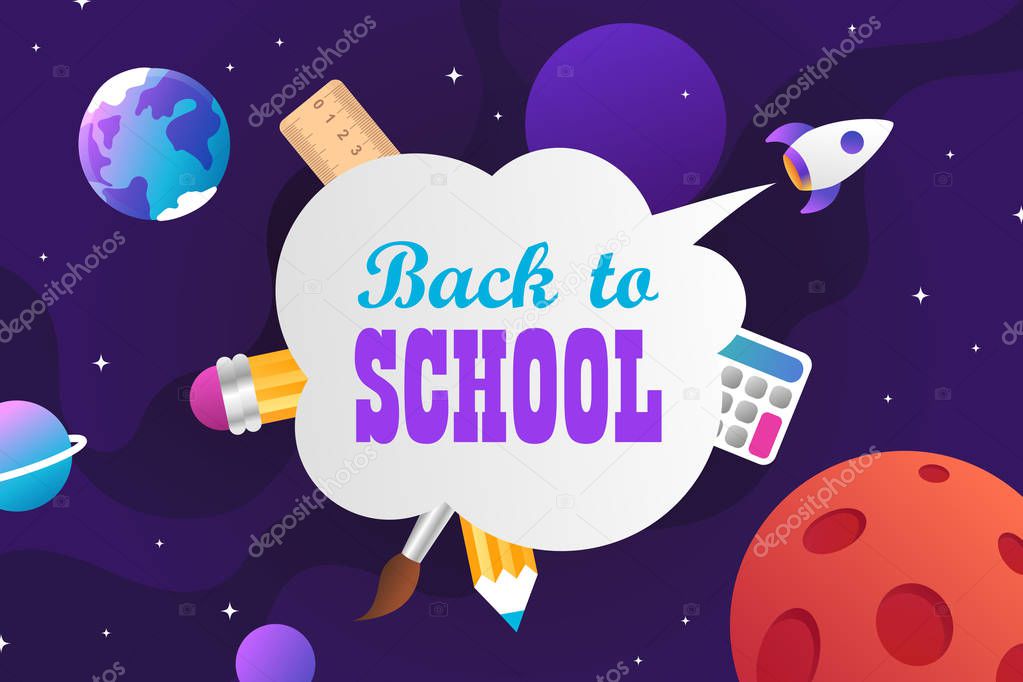 Back to school. Colorful cartoon kids banner template. Science and space. Cartoon vector illustration. Rocket flies. EPS 10