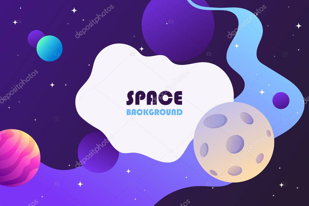 Horizontal space background with abstract shape and planets. Colorful cartoon design. Vector illustration.