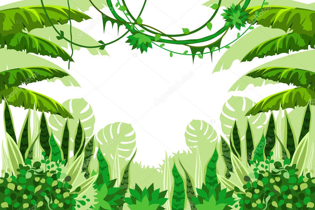 Tropical forest with leaves, grass and vines. Jungle background. vector cartoon illustration. Frame for banner, poster, page, cover.