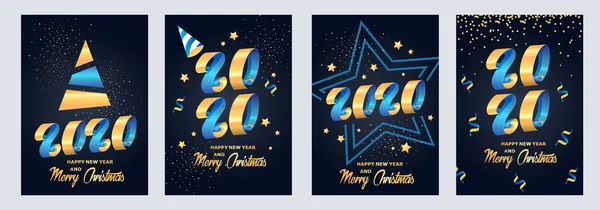 2020 nuovo anno. Nastri e stelle. Set di modelli scintillanti natalizi per banner natalizi, volantini, biglietti, inviti, copertine, manifesti. Illustrazione vettoriale . — Vettoriale Stock