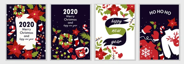 Set of colorful Christmas cards. 2020 New Year. Set of templates for cards, stickers, flyers. Flat cartoon style. Traditional greeting — Stock Vector