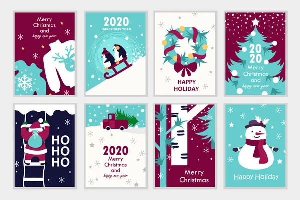 Σύνολο πολύχρωμων χριστουγεννιάτικων καρτών. 2020 νέο έτος. Σύνολο προτύπων για κάρτες, αυτοκόλλητα, φυλλάδια. Εικονογράφηση διάνυσμα. Άγιε Βασίλη. Χιονάνθρωπος — Διανυσματικό Αρχείο