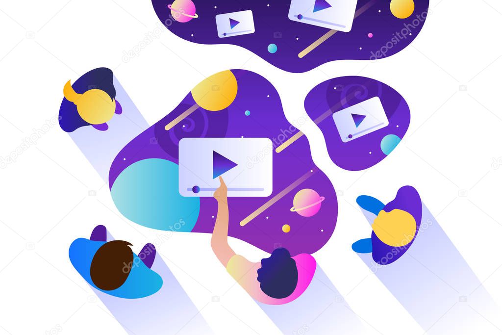 People watch video files. Cloud technologies. Public space, media and information. Teamwork. Social networks and entertainment. Vector illustration