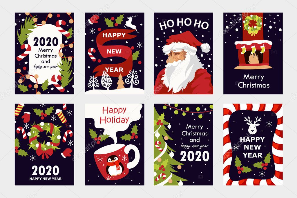Set of colorful christmas cards. 2020 new year. Set of templates for cards, stickers, flyers.