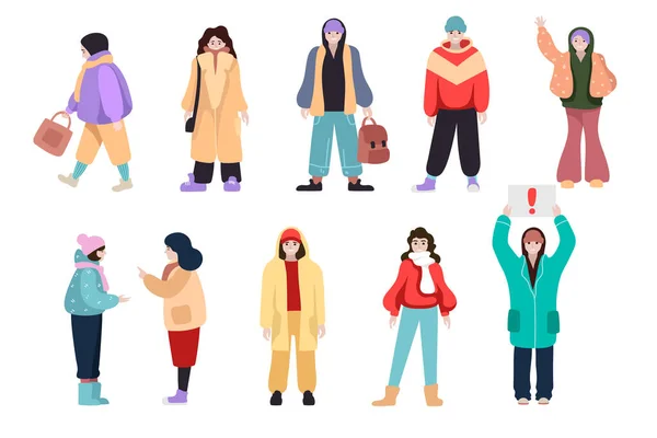 Conjunto Personas Dibujos Animados Planos Ropa Invierno Ilustración Plana Vectorial — Vector de stock