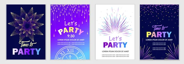 Birthday party greeting card. Fireworks, salute. Set of colorful modern templates for banners, posters, cards, flyers. Design for festival, concert, show. Vector illustration.