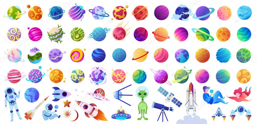 Big set of isolated space objects. Planets, UFOs, astronauts and rockets. Vector children's illustration.