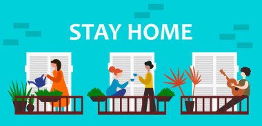 People are at home for self-isolation. Vector flat illustration. Neighbors on the balconies. Quarantine due to coronavirus. Covid-19. Hobbies for spending time in quarantine. clipart