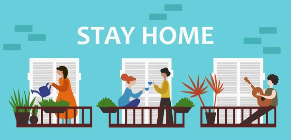 Orang Orang Rumah Untuk Menyendiri Vektor Ilustrasi Datar Tetangga Balkon - Stok Vektor