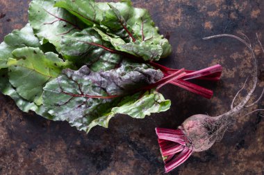 İğrenç yemekler. Paslı, güzel bir metal yüzeyde pancar ve pancar yaprakları.