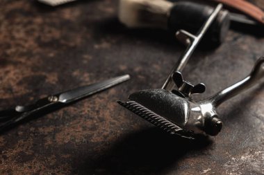 vintage barber tools dangerous razor hairdressing scissors old manual clipper comb shaving brush. old rusty metal clipart