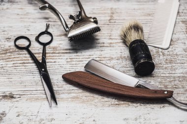 vintage barber tools dangerous razor hairdressing scissors old manual clipper comb shaving brush clipart