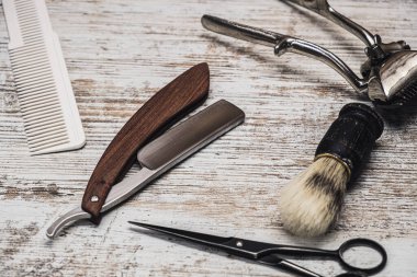 vintage barber tools dangerous razor hairdressing scissors old manual clipper comb shaving brush clipart