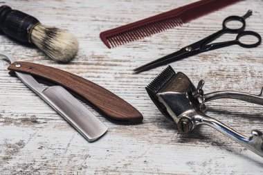 vintage barber tools dangerous razor hairdressing scissors old manual clipper comb shaving brush clipart