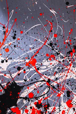 Resim damlatma tekniğini kullanarak yapılmış. Kırmızı beyaz siyahı farklı renklerde karıştırıyorum. Çizgiler ve noktalar. Dikey yönelim.