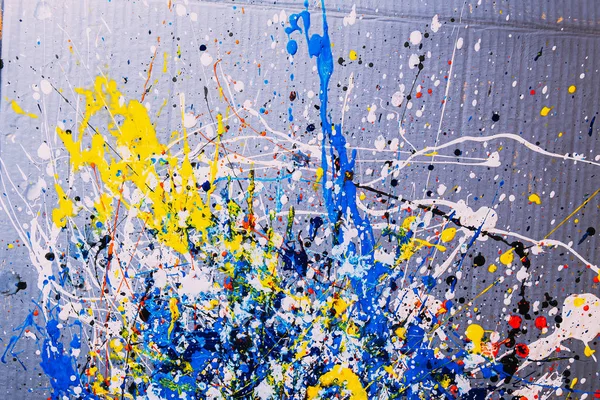 Abstrakter Expressonismus. Bild gemalt mit der Technik des Tropfens. Mischen verschiedener Farben rot gelb blau weiß schwarz. horizontale Ausrichtung. — Stockfoto