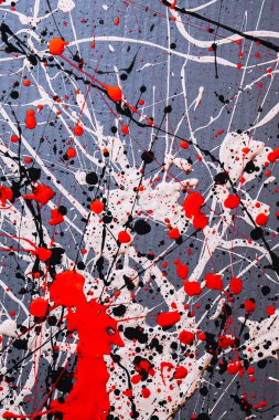 Resim damlatma tekniğini kullanarak yapılmış. Kırmızı beyaz siyahı farklı renklerde karıştırıyorum. Çizgiler ve noktalar. Dikey yönelim.