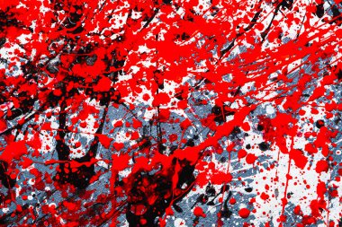 Parlak arkaplan grafik resmi. Damlıyor. İfade. Renkli lekeler dökülmüş. Renkleri karıştırıyorum. Siyah beyaz kırmızı. Beton dokuda. Yatay oryantasyon. Üst Manzara. düz yat.