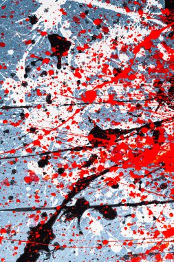 Parlak arkaplan grafik resmi. Damlıyor. İfade. Renkli lekeler dökülmüş. Renkleri karıştırıyorum. Siyah beyaz kırmızı. Beton dokuda. Dikey oryantasyon. Üst Manzara. düz yat.