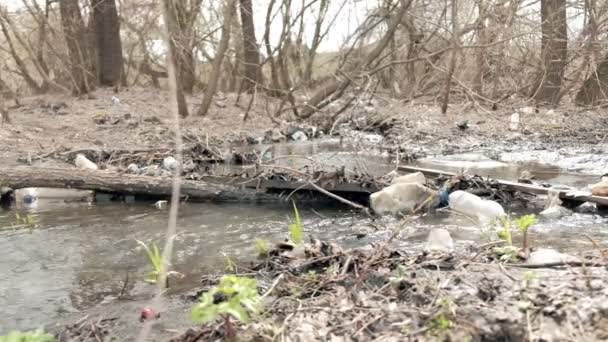 Catástrofe Ecológica Arroyo Limpio Primavera Contaminado Con Botellas Basura Plástico — Vídeos de Stock