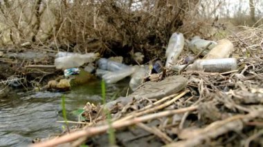 Ekolojik felaket. Bahar temizliği deresi plastik çöp şişeleriyle kirlenmiş. 4k