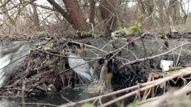 Ekologická Katastrofa Jarní Čistý Potok Kontaminovaný Plastovými Odpadkovými Lahvemi — Stock video