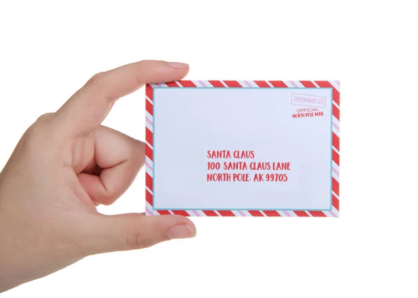 Young Caucasian Hand Holding Tiny Letter Addressed Santa Isolated White — 图库照片