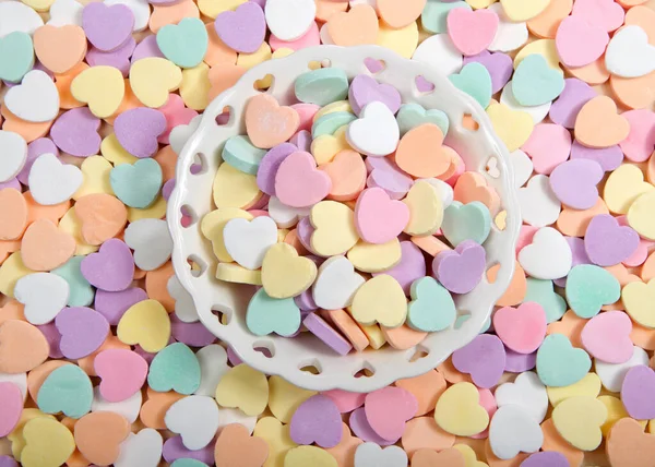 Flat Lay Top View Small Porcelain Bowl Heart Cutouts Holding — ストック写真