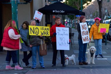 Alameda, CA - Jan 9, 2020: Unidentified Alameda residents protesting the concept of war with Iran.