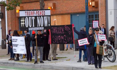 San Francisco, CA - Jan 13, 2020: Unidentified protestors outside the Common Wealth Club where Secretary of State Mike Pompeo is preparing to speak.