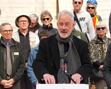 Alameda, CA - Jan 15, 2020: Albany Mayor Nick Pilch speaking at a press conference urge California Governor Gavin Newsom to phase out fossil fuel use.