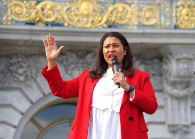 San Francisco, CA - Jan 18, 2020: Mayor London Breed speaking at the the Women's March rally. Designed to engage and empower all people to support women's rights, and to encourage vote.
