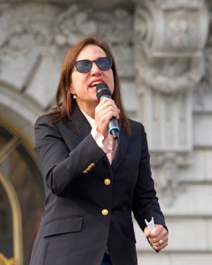 San Francisco, CA - Jan 18, 2020: Lieutenant Governor Eleni Kounalakis speaking at the the Women's March rally. Designed to engage and empower all people to support women's rights, and to encourage vote.