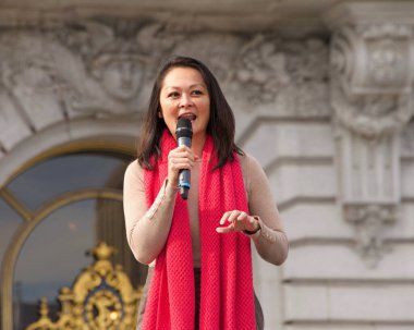 San Francisco, CA - Jan 18, 2020: City Assessor and Recorder, Carmen Chu, speaking at the the Women's March rally. Designed to engage and empower all people to support women's rights, and  encourage vote