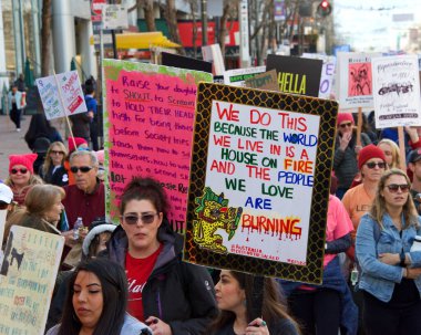 San Francisco, CA - Jan 18, 2020: Unidentified participants in the Women's March. Designed to engage and empower all people to support women's rights, and to encourage vote in the 2020 elections.