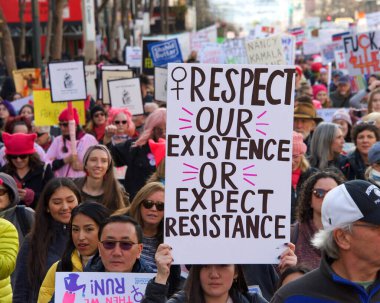 San Francisco, CA - Jan 18, 2020: Unidentified participants in the Women's March. Designed to engage and empower all people to support women's rights, and to encourage vote in the 2020 elections.