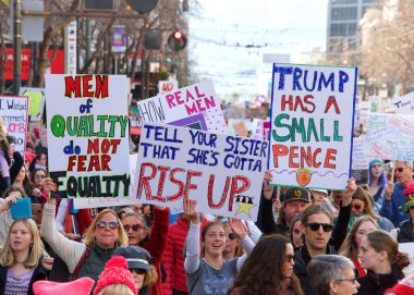 San Francisco, CA - Jan 18, 2020: Unidentified participants in the Women's March. Designed to engage and empower all people to support women's rights, and to encourage vote in the 2020 elections.