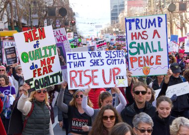 San Francisco, CA - Jan 18, 2020: Unidentified participants in the Women's March. Designed to engage and empower all people to support women's rights, and to encourage vote in the 2020 elections.