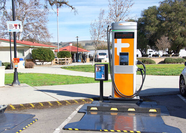 Bradley, CA - Jan 3, 2020: Two Solar powered car charging station now at Camp Roberts US 101 Southbound Rest Area. They are the first solar-powered EV charging stations being operated in the U.S
