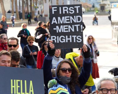 San Francisco, CA - Jan 18, 2020: Unidentified participants in the Women's March. Designed to engage and empower all people to support women's rights, and to encourage vote in the 2020 elections.